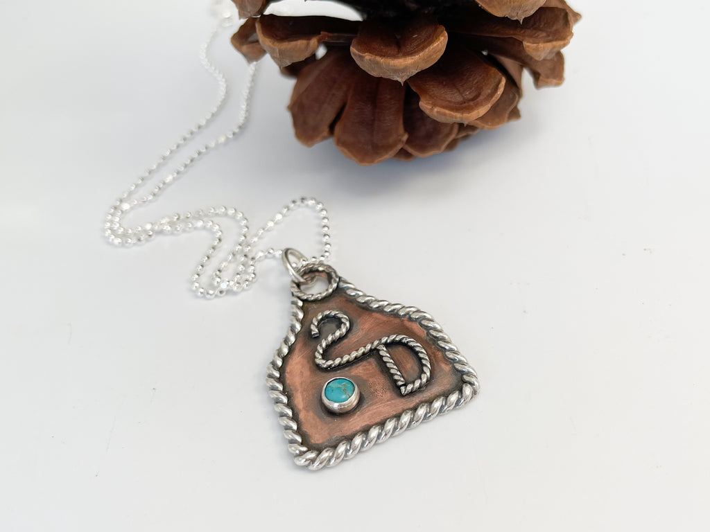 Copper Ear Tag Necklace with Sterling Brand and Silver Accents